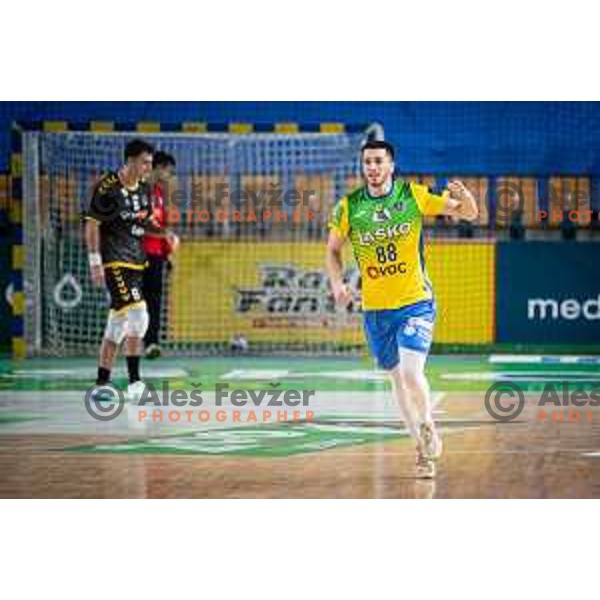 Filip Rakita in action during 1.NLB league handball match between Celje Pivovarna Lasko and Gorenje Velenje in Celje, Slovenia on Oktober 25, 2025.