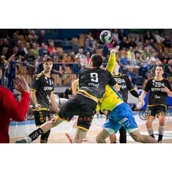 in action during 1.NLB league handball match between Celje Pivovarna Lasko and Gorenje Velenje in Celje, Slovenia on Oktober 25, 2025.