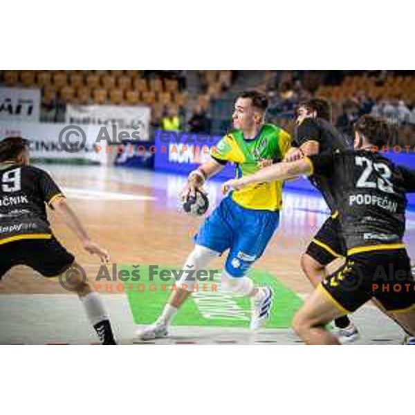 Uros Milicevic in action during 1.NLB league handball match between Celje Pivovarna Lasko and Gorenje Velenje in Celje, Slovenia on Oktober 25, 2025.