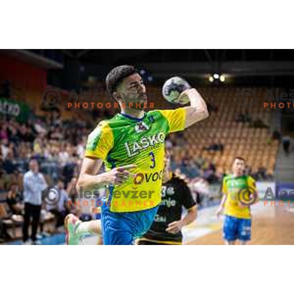 Luka Peric in action during 1.NLB league handball match between Celje Pivovarna Lasko and Gorenje Velenje in Celje, Slovenia on Oktober 25, 2025.