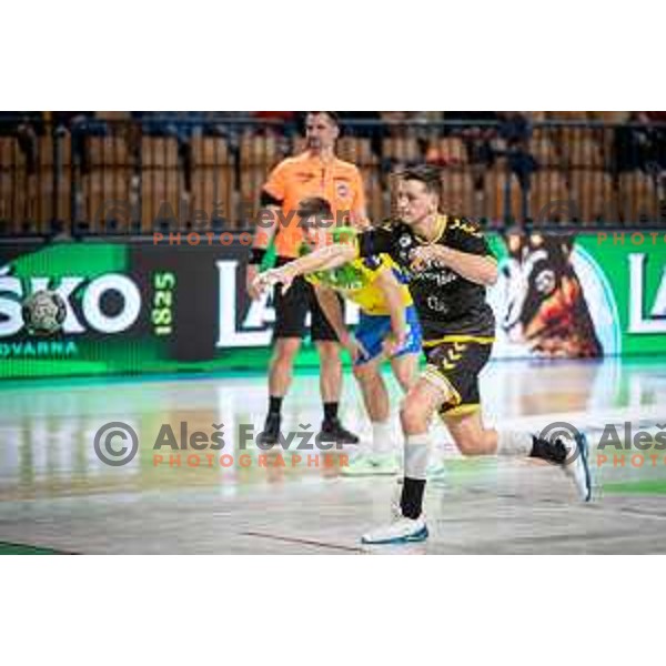 Vid Kacicnik in action during 1.NLB league handball match between Celje Pivovarna Lasko and Gorenje Velenje in Celje, Slovenia on Oktober 25, 2025.