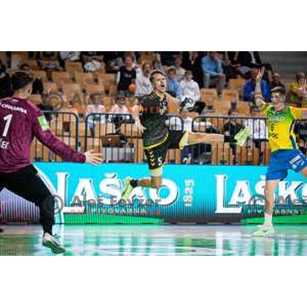 Vanja Dragic in action during 1.NLB league handball match between Celje Pivovarna Lasko and Gorenje Velenje in Celje, Slovenia on Oktober 25, 2025.