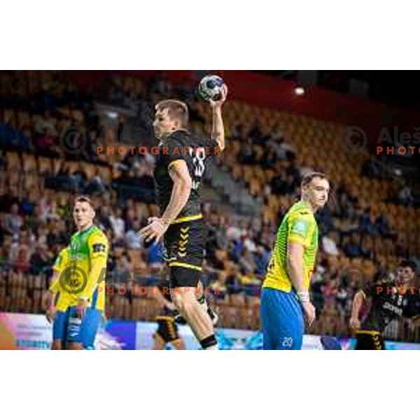 Anze Blagotinsek in action during 1.NLB league handball match between Celje Pivovarna Lasko and Gorenje Velenje in Celje, Slovenia on Oktober 25, 2025.