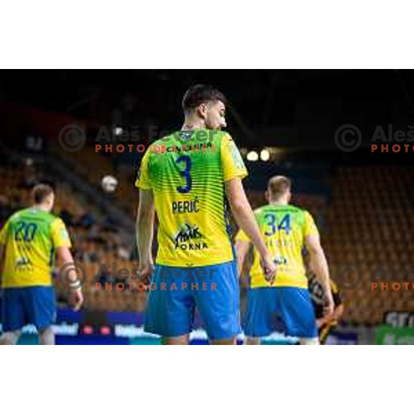 Luka Peric in action during 1.NLB league handball match between Celje Pivovarna Lasko and Gorenje Velenje in Celje, Slovenia on Oktober 25, 2025.