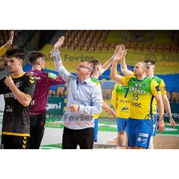 in action during 1.NLB league handball match between Celje Pivovarna Lasko and Gorenje Velenje in Celje, Slovenia on Oktober 25, 2025.