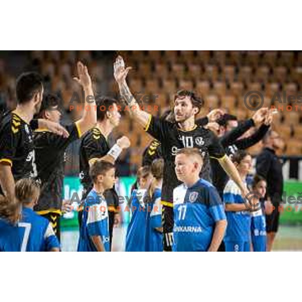 in action during 1.NLB league handball match between Celje Pivovarna Lasko and Gorenje Velenje in Celje, Slovenia on Oktober 25, 2025.