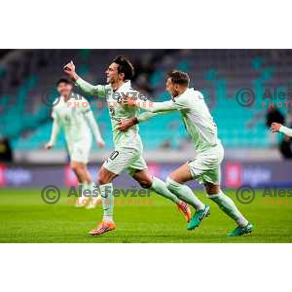 Dimitar Mitrovski and Veljko Jelenkovic of Olimpija celebrate goal during Prva liga Telemach 2025/2026 football match between Olimpija and Domžale in Stozice, Ljubljana, Slovenia on October 26, 2025. Photo: Filip Barbalic