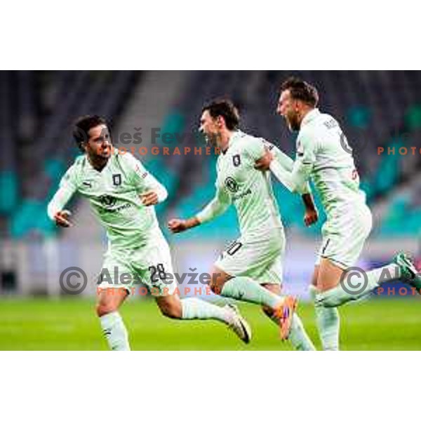 Diogo Miguel Guedes De Almeida, Dimitar Mitrovski and Veljko Jelenkovic of Olimpija celebrate goal during Prva liga Telemach 2025/2026 football match between Olimpija and Domžale in Stozice, Ljubljana, Slovenia on October 26, 2025. Photo: Filip Barbalic