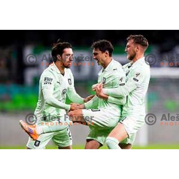 Diogo Miguel Guedes De Almeida, Dimitar Mitrovski and Veljko Jelenkovic of Olimpija celebrate goal during Prva liga Telemach 2025/2026 football match between Olimpija and Domžale in Stozice, Ljubljana, Slovenia on October 26, 2025. Photo: Filip Barbalic