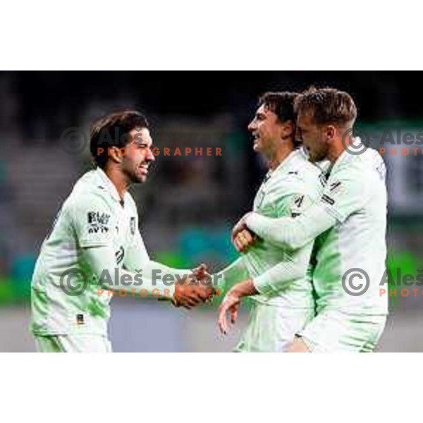 Diogo Miguel Guedes De Almeida, Dimitar Mitrovski and Veljko Jelenkovic of Olimpija celebrate goal during Prva liga Telemach 2025/2026 football match between Olimpija and Domžale in Stozice, Ljubljana, Slovenia on October 26, 2025. Photo: Filip Barbalic