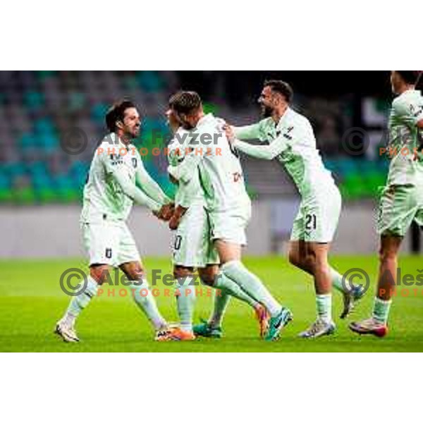 Diogo Miguel Guedes De Almeida, Dimitar Mitrovski, Veljko Jelenkovic and players of Olimpija celebrate goal during Prva liga Telemach 2025/2026 football match between Olimpija and Domžale in Stozice, Ljubljana, Slovenia on October 26, 2025. Photo: Filip Barbalic