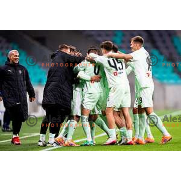 Diogo Miguel Guedes De Almeida, Dimitar Mitrovski, Veljko Jelenkovic and players of Olimpija celebrate goal during Prva liga Telemach 2025/2026 football match between Olimpija and Domžale in Stozice, Ljubljana, Slovenia on October 26, 2025. Photo: Filip Barbalic