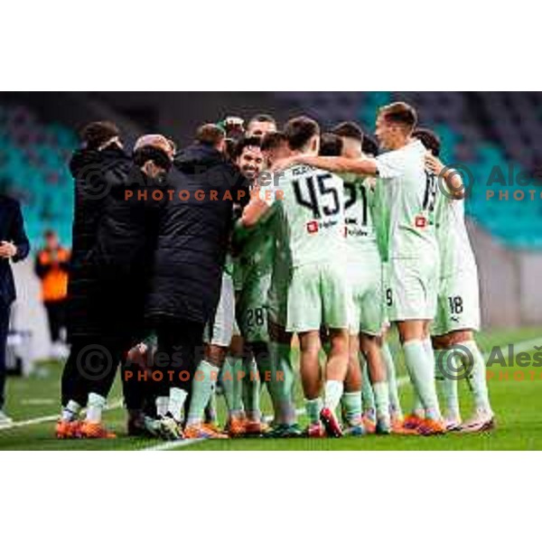 Diogo Miguel Guedes De Almeida, Dimitar Mitrovski, Veljko Jelenkovic and players of Olimpija celebrate goal during Prva liga Telemach 2025/2026 football match between Olimpija and Domžale in Stozice, Ljubljana, Slovenia on October 26, 2025. Photo: Filip Barbalic