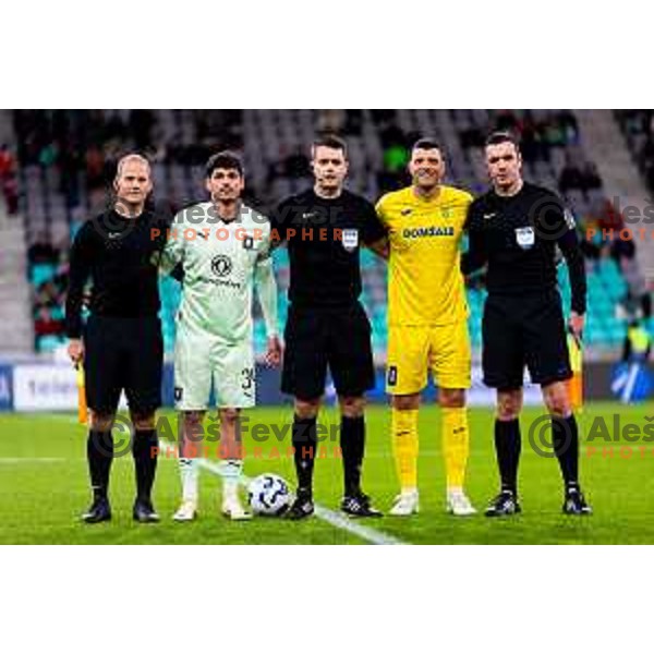 Agustin Doffo of Olimpija and Haris Vuckic of Domzale with referees prior to the Prva liga Telemach 2025/2026 football match between Olimpija and Domžale in Stozice, Ljubljana, Slovenia on October 26, 2025. Photo: Filip Barbalic
