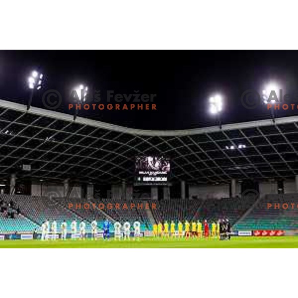 Players of Olimpija and Domzale during minute of silence for Milan Mandaric prior to the Prva liga Telemach 2025/2026 football match between Olimpija and Domžale in Stozice, Ljubljana, Slovenia on October 26, 2025. Photo: Filip Barbalic