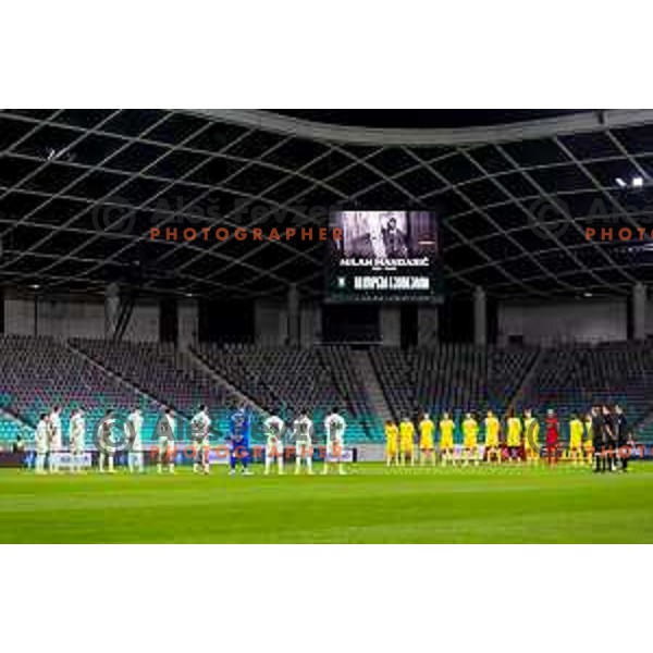 Players of Olimpija and Domzale during minute of silence for Milan Mandaric prior to the Prva liga Telemach 2025/2026 football match between Olimpija and Domžale in Stozice, Ljubljana, Slovenia on October 26, 2025. Photo: Filip Barbalic