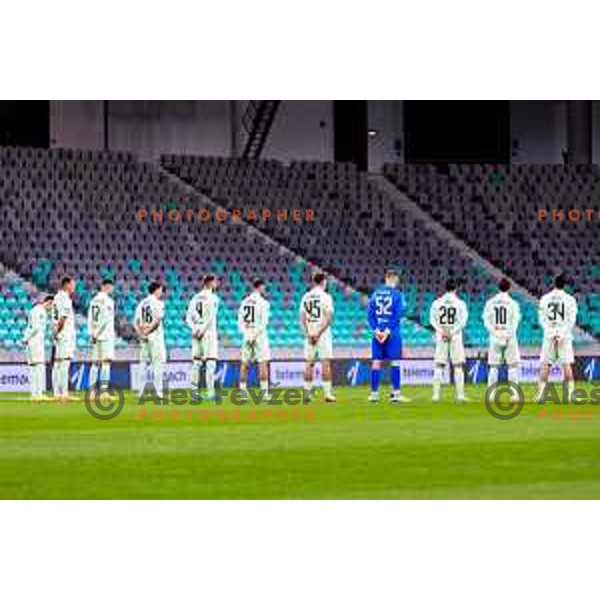 Players of Olimpija during minute of silence for Milan Mandaric prior to the Prva liga Telemach 2025/2026 football match between Olimpija and Domžale in Stozice, Ljubljana, Slovenia on October 26, 2025. Photo: Filip Barbalic