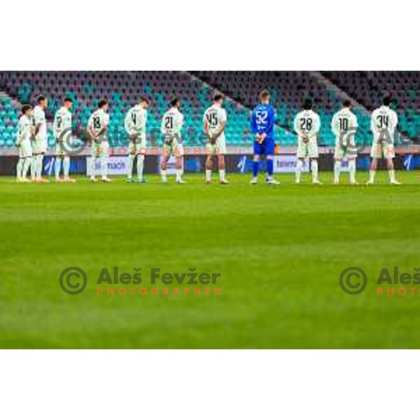Players of Olimpija during minute of silence for Milan Mandaric prior to the Prva liga Telemach 2025/2026 football match between Olimpija and Domžale in Stozice, Ljubljana, Slovenia on October 26, 2025. Photo: Filip Barbalic