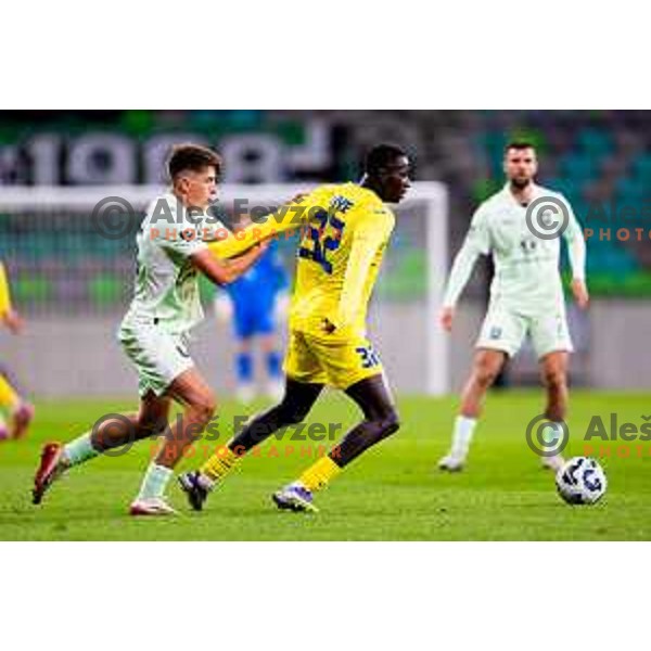 Mateo Acimovic of Olimpija and Fallou Faye of Domzale in action during Prva liga Telemach 2025/2026 football match between Olimpija and Domžale in Stozice, Ljubljana, Slovenia on October 26, 2025. Photo: Filip Barbalic