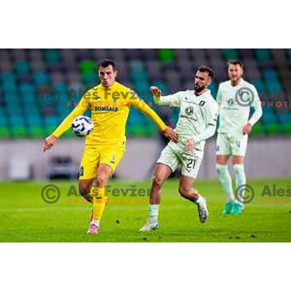 Aleksandar Kahvic of Domzale and Jurgen Celhaka of Olimpija in action during Prva liga Telemach 2025/2026 football match between Olimpija and Domžale in Stozice, Ljubljana, Slovenia on October 26, 2025. Photo: Filip Barbalic