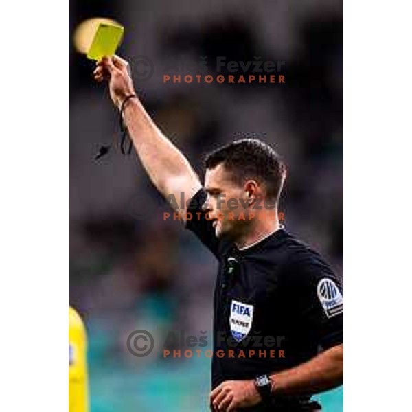 Referee shows yellow card during Prva liga Telemach 2025/2026 football match between Olimpija and Domžale in Stozice, Ljubljana, Slovenia on October 26, 2025. Photo: Filip Barbalic