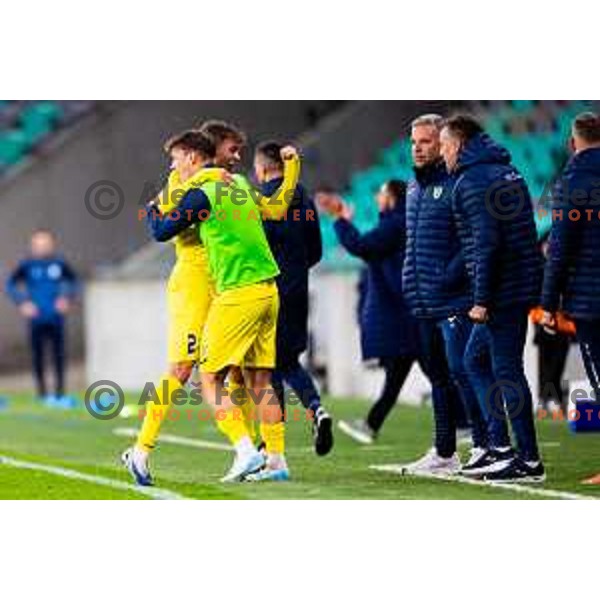 Rene Hrvatin and players of Domzale celebrate goal during Prva liga Telemach 2025/2026 football match between Olimpija and Domžale in Stozice, Ljubljana, Slovenia on October 26, 2025. Photo: Filip Barbalic