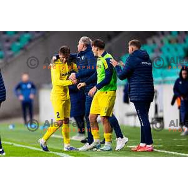 Rene Hrvatin and players of Domzale celebrate goal during Prva liga Telemach 2025/2026 football match between Olimpija and Domžale in Stozice, Ljubljana, Slovenia on October 26, 2025. Photo: Filip Barbalic