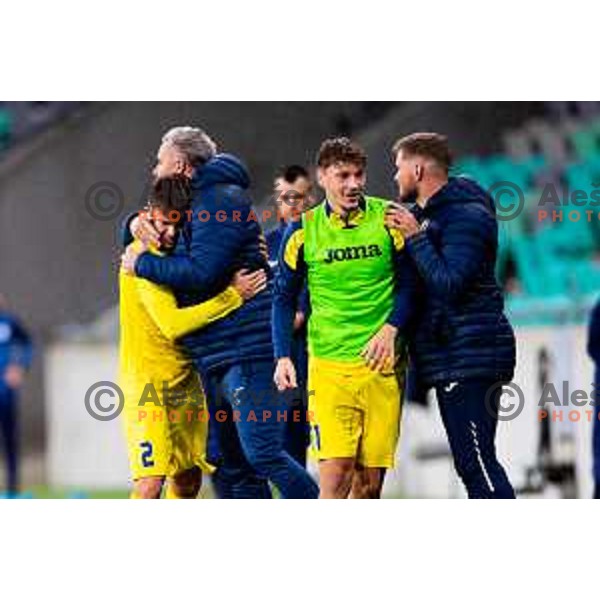 Rene Hrvatin and players of Domzale celebrate goal during Prva liga Telemach 2025/2026 football match between Olimpija and Domžale in Stozice, Ljubljana, Slovenia on October 26, 2025. Photo: Filip Barbalic