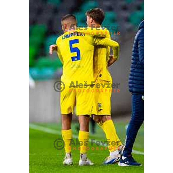 Rene Hrvatin and Rene Rantusa Lampreht of Domzale celebrate goal during Prva liga Telemach 2025/2026 football match between Olimpija and Domžale in Stozice, Ljubljana, Slovenia on October 26, 2025. Photo: Filip Barbalic