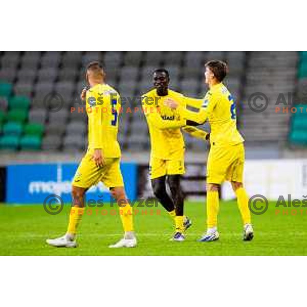 Fallou Faye and Rene Hrvatin of Domzale celebrate goal during Prva liga Telemach 2025/2026 football match between Olimpija and Domžale in Stozice, Ljubljana, Slovenia on October 26, 2025. Photo: Filip Barbalic