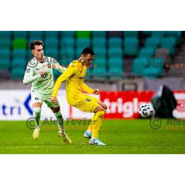 Alex Blanco of Olimpij and Niksa Vujcic of Domzale in action during Prva liga Telemach 2025/2026 football match between Olimpija and Domžale in Stozice, Ljubljana, Slovenia on October 26, 2025. Photo: Filip Barbalic
