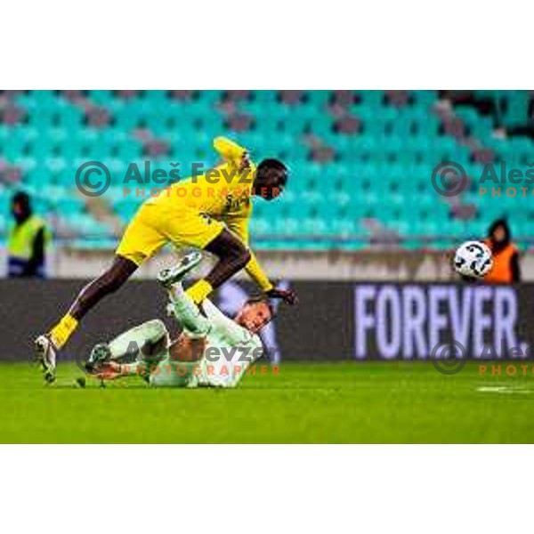 Fallou Faye of Domzale and Veljko Jelenkovic of Olimpija in action during Prva liga Telemach 2025/2026 football match between Olimpija and Domžale in Stozice, Ljubljana, Slovenia on October 26, 2025. Photo: Filip Barbalic