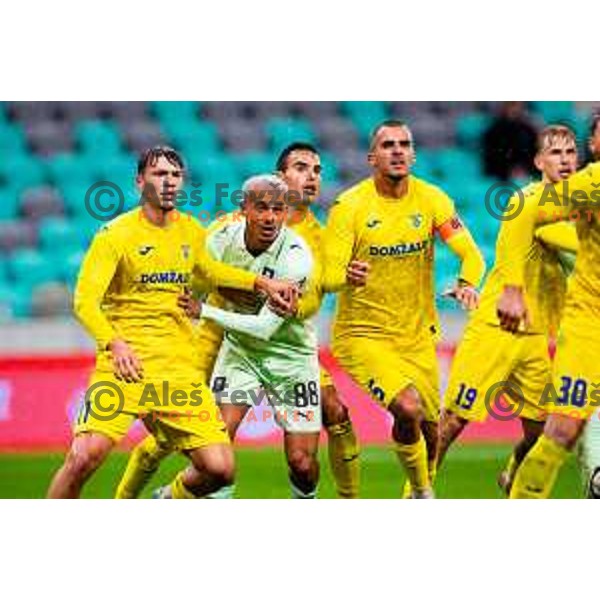 Luka Mlakar of Domzale, Thalisson Charles Alves Moreira of Olimpija and Rene Rantuša Lampreht of Domzale in action during Prva liga Telemach 2025/2026 football match between Olimpija and Domžale in Stozice, Ljubljana, Slovenia on October 26, 2025. Photo: Filip Barbalic
