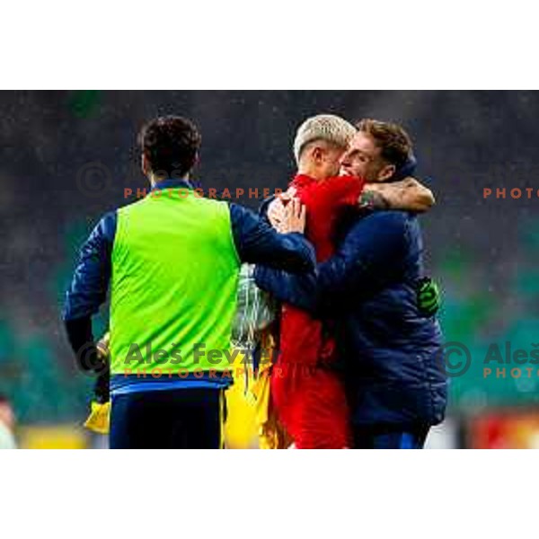 Tsogkas Konstantinos and player of Domzale celebrate win in Prva liga Telemach 2025/2026 football match between Olimpija and Domžale in Stozice, Ljubljana, Slovenia on October 26, 2025. Photo: Filip Barbalic