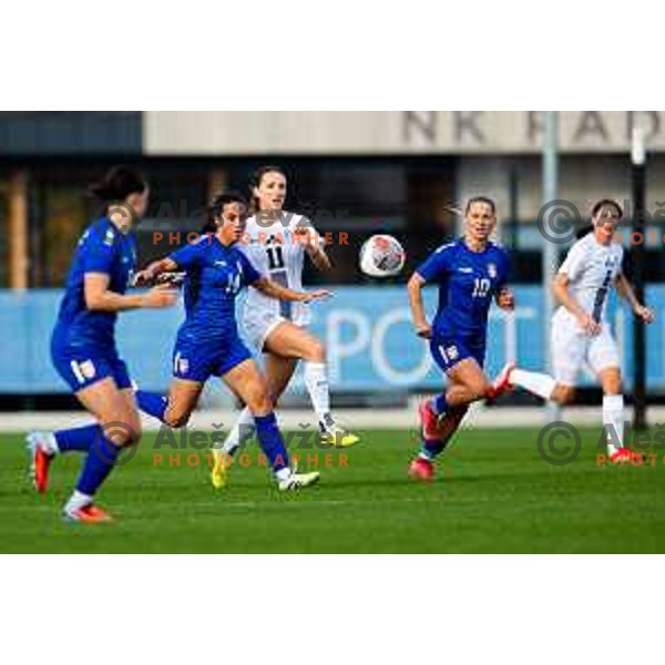 Vesna Milivojevic of Serbia and Lara Prasnikar of Slovenia in action during Women\'s friendly football match between Slovenia and Serbia in Sportni park Radomlje, Slovenia on October 27, 2025. Photo: Filip Barbalic