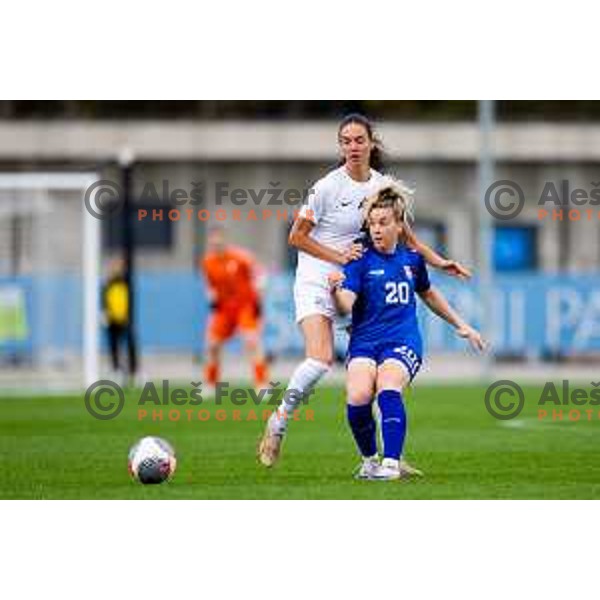 Sara Gradisek of Slovenia and Tijana Filipovic of Serbia in action during Women\'s friendly football match between Slovenia and Serbia in Sportni park Radomlje, Slovenia on October 27, 2025. Photo: Filip Barbalic