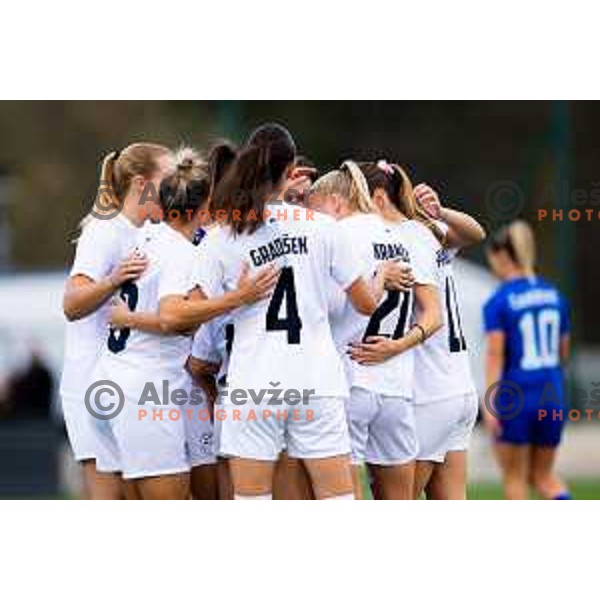 Players of Slovenia celebrate a goal during Women\'s friendly football match between Slovenia and Serbia in Sportni park Radomlje, Slovenia on October 27, 2025. Photo: Filip Barbalic