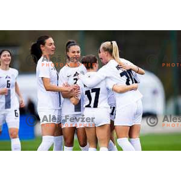 Sara Gradisek, Maja Sternad and players of Slovenia celebrate a goal during Women\'s friendly football match between Slovenia and Serbia in Sportni park Radomlje, Slovenia on October 27, 2025. Photo: Filip Barbalic