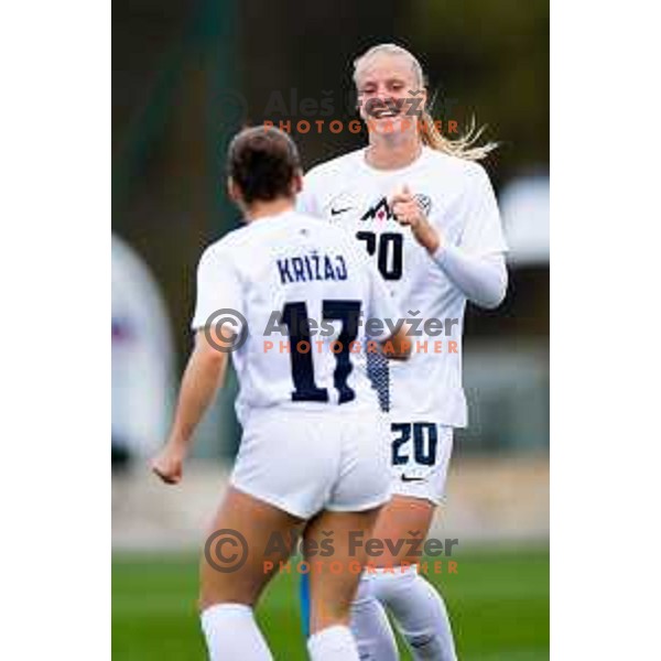 Zara Kramzar of Slovenia celebrates a goal during Women\'s friendly football match between Slovenia and Serbia in Sportni park Radomlje, Slovenia on October 27, 2025. Photo: Filip Barbalic