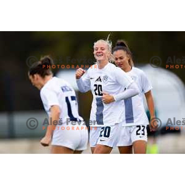 Zara Kramzar of Slovenia celebrates a goal during Women\'s friendly football match between Slovenia and Serbia in Sportni park Radomlje, Slovenia on October 27, 2025. Photo: Filip Barbalic