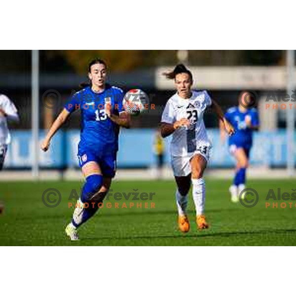 Milica Saric of Serbia and Maja Sternad of Slovenia in action during Women\'s friendly football match between Slovenia and Serbia in Sportni park Radomlje, Slovenia on October 27, 2025. Photo: Filip Barbalic