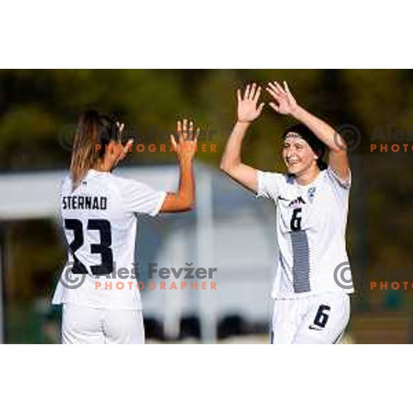 Maja Sternad and Kaja Korosec of Slovenia celebrate goal during Women\'s friendly football match between Slovenia and Serbia in Sportni park Radomlje, Slovenia on October 27, 2025. Photo: Filip Barbalic