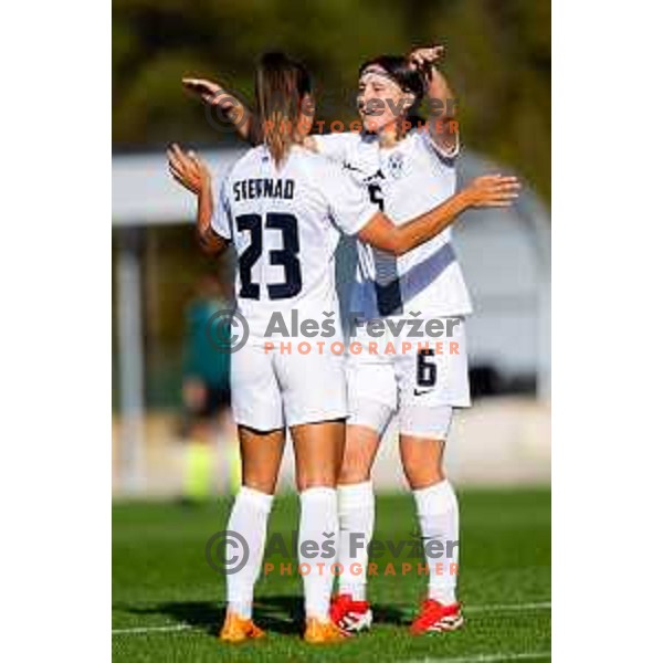 Maja Sternad and Kaja Korosec of Slovenia celebrate goal during Women\'s friendly football match between Slovenia and Serbia in Sportni park Radomlje, Slovenia on October 27, 2025. Photo: Filip Barbalic