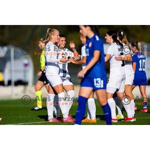 Zara Kramzar, Lara Korina Janez and other players of Slovenia celebrate goal during Women\'s friendly football match between Slovenia and Serbia in Sportni park Radomlje, Slovenia on October 27, 2025. Photo: Filip Barbalic