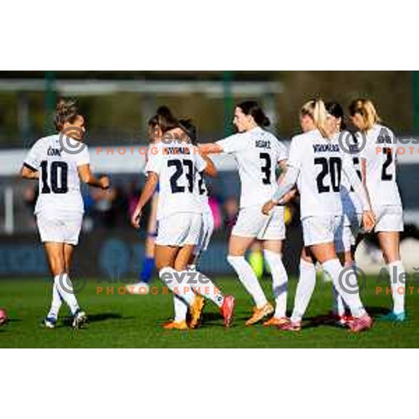 Players of Slovenia celebrate goal during Women\'s friendly football match between Slovenia and Serbia in Sportni park Radomlje, Slovenia on October 27, 2025. Photo: Filip Barbalic