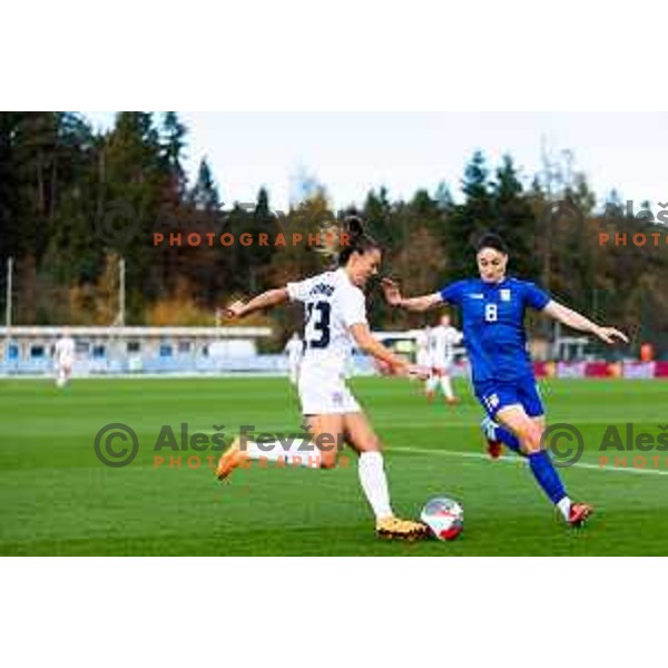 Maja Sternad of Slovenia and Nevena Damjanovic of Serbia in action during Women\'s friendly football match between Slovenia and Serbia in Sportni park Radomlje, Slovenia on October 27, 2025. Photo: Filip Barbalic