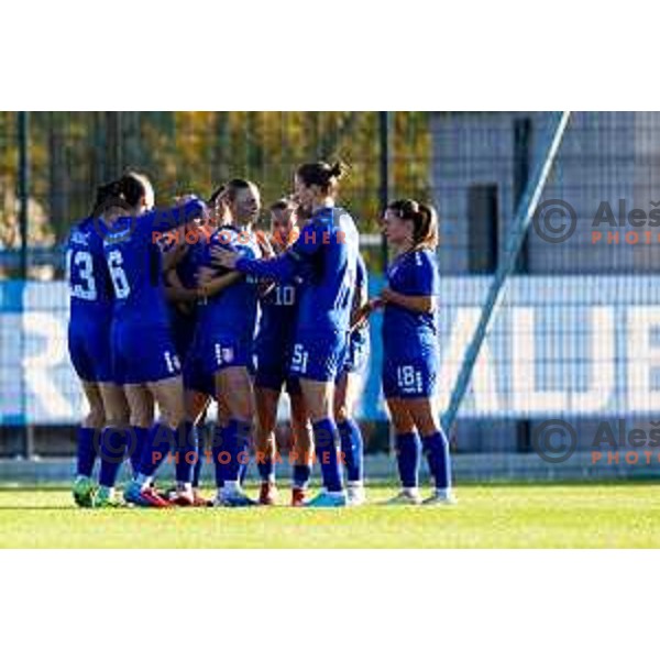Players of Serbia celebrate goal during Women\'s friendly football match between Slovenia and Serbia in Sportni park Radomlje, Slovenia on October 27, 2025. Photo: Filip Barbalic