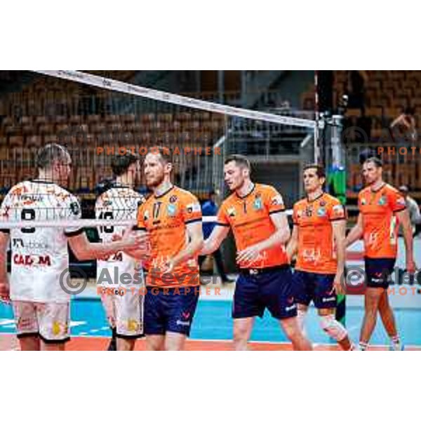 Tine Urnaut and players of ACH celebrate victory at CEV Champions Leauge 2026 Men Early round match between ACH Volley (SLO) and Orion Doetinchem (NED) in Tivoli Hall, Ljubljana, Slovenia on October 30, 2025