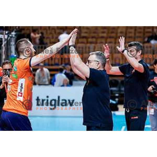 Tine Urnaut and players of ACH celebrate victory at CEV Champions Leauge 2026 Men Early round match between ACH Volley (SLO) and Orion Doetinchem (NED) in Tivoli Hall, Ljubljana, Slovenia on October 30, 2025