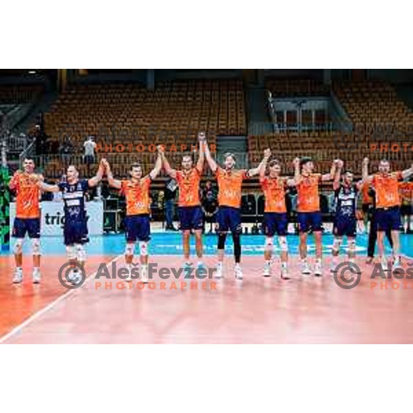 Tine Urnaut and players of ACH celebrate victory at CEV Champions Leauge 2026 Men Early round match between ACH Volley (SLO) and Orion Doetinchem (NED) in Tivoli Hall, Ljubljana, Slovenia on October 30, 2025